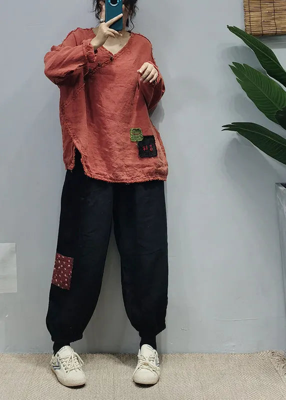 Organic Orange V Neck Embroideried Patchwork Side Open Linen Tops Long Sleeve