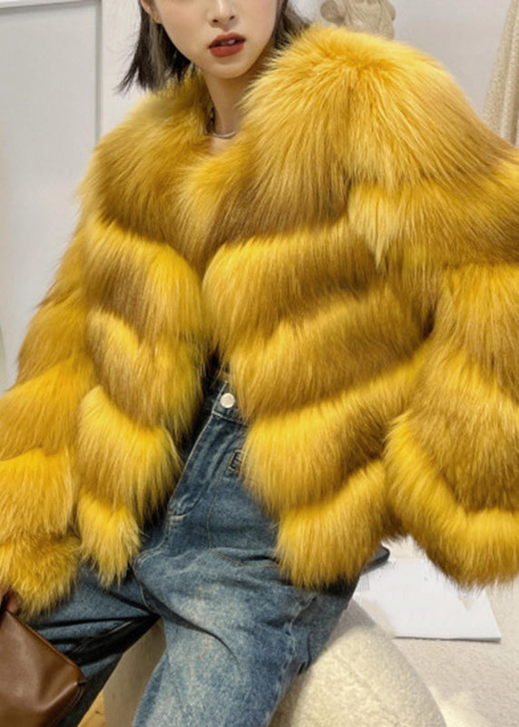Classy Yellow Fox Collar Leather and Fur Coats Winter