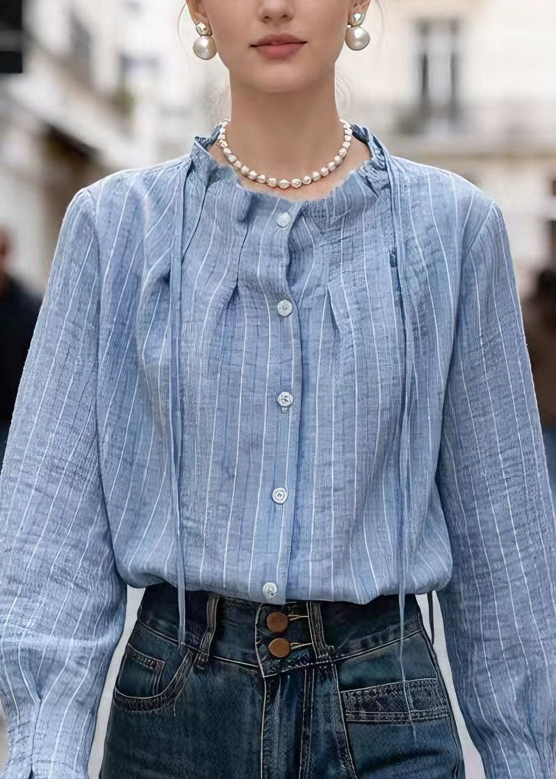 Natural Blue O Neck Striped Cotton Shirt Top Spring