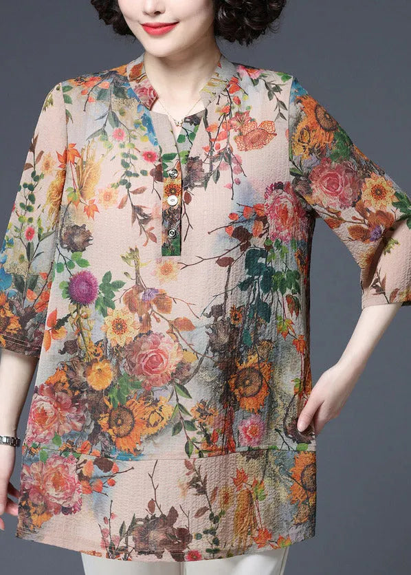 V Neck Print Button Cotton Shirts Three Quarter Sleeve