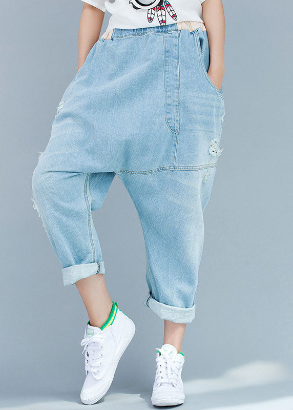 Dark Blue Asymmetrical Pockets Elastic Waist Ripped Jeans Spring