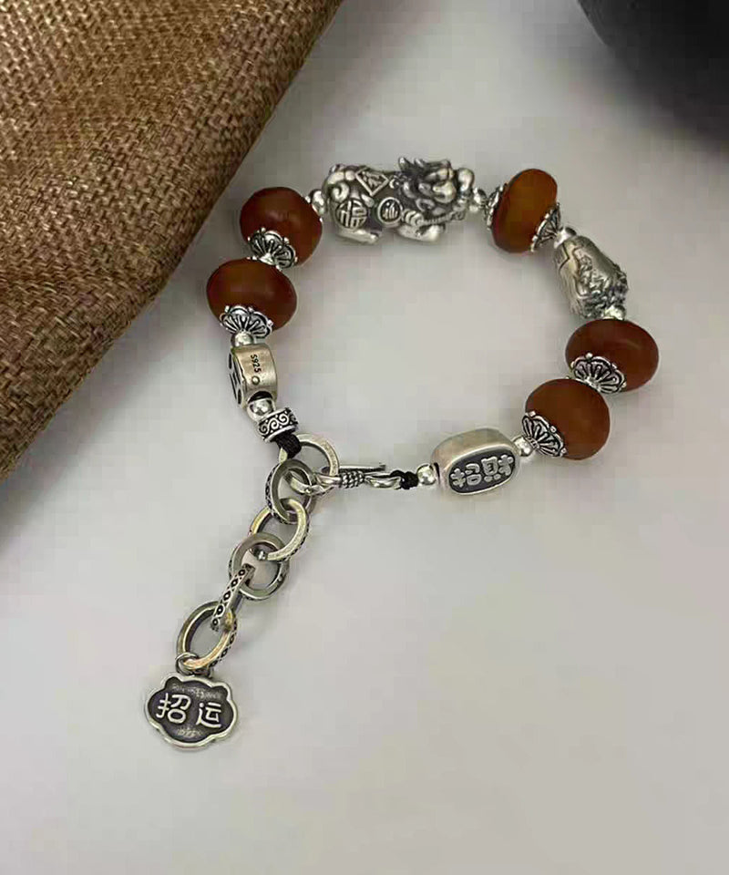 Chinese Style 999 Pure Silver Amber a Mythical Wild Animal Charm Bracelet