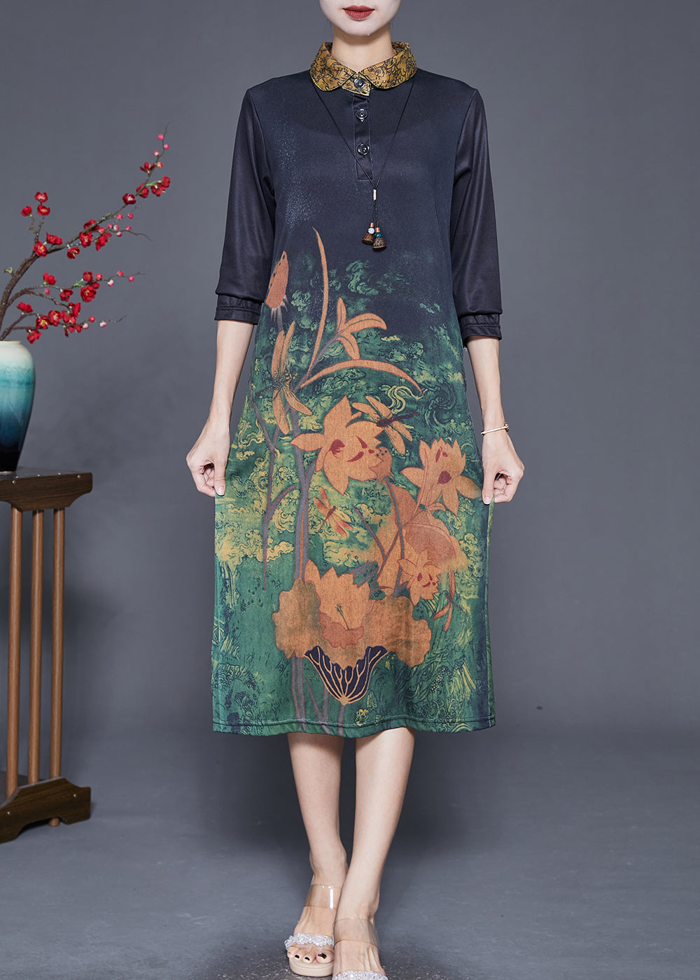 Black Peter Pan Collar Print Slim Fit Dress Fall
