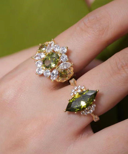 Stylish Olive Green Copper Alloy Zircon Gem Stone Open Rings Two-piece Set