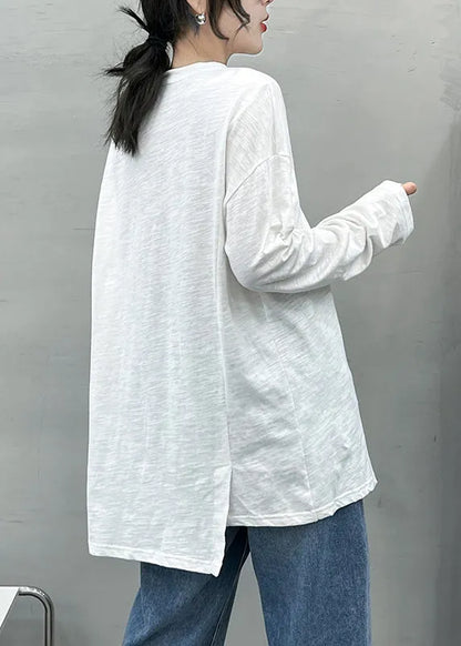 Style White O-neck Asymmetrical Design Cotton Top Long Sleeve