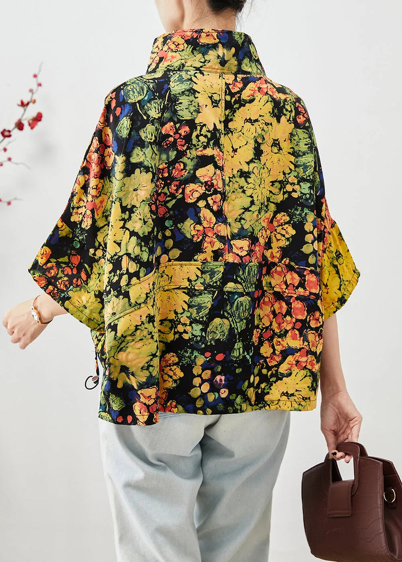 Yellow Print Cotton Sweatshirts Top Oversized Drawstring Short Sleeve