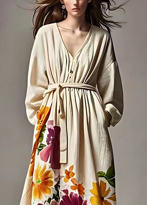 Beige Print Pockets Tie Waist Cotton Long Dresses Fall