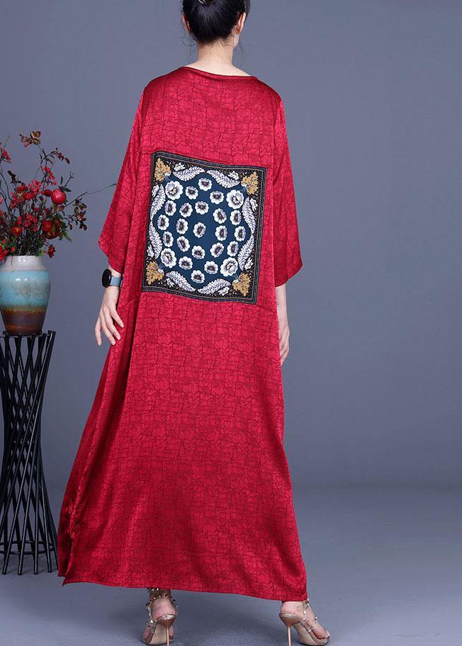 Loose Red Patchwork Print Dress Loose Silk Summer Maxi Dress