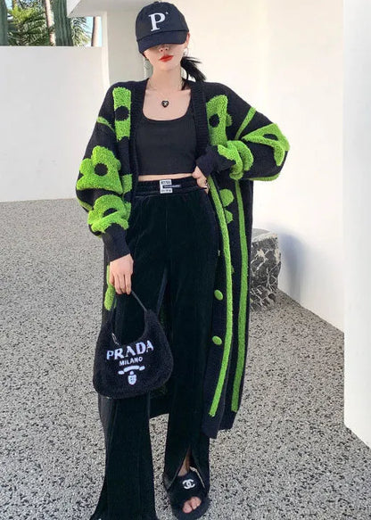 Black Green Print Knit Coats Spring