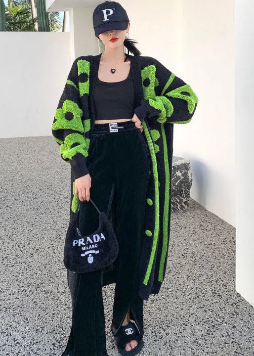 Black Green Print Knit Coats Spring