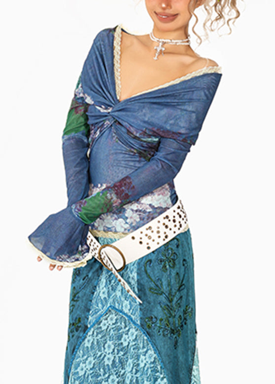 Blue V Neck Print Lace Patchwork Tulle Shirt Flare Sleeve