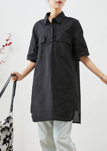 Black Peter Pan Collar Pockets Cotton Shirt Top Short Sleeve