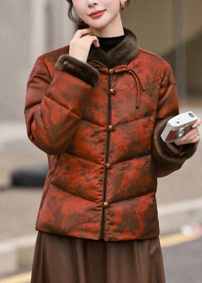 Orange Print Chinese Button Duck Down Winter Coats Winter