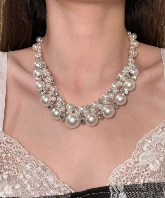 White Alloy Zircon Pearl Beading Collar Necklace