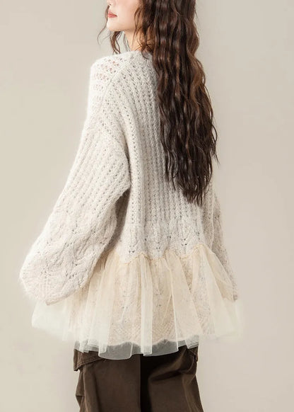 Apricot Pearl Tulle Patchwork Knit Sweaters Hollow Out