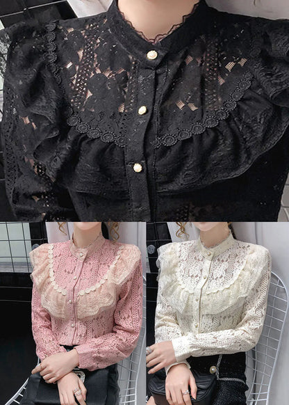 Modern Beige Hollow Out Patchwork Lace Top Long Sleeve