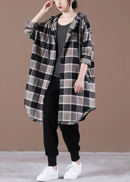 Handmade Khaki Plaid Hooded Drawstring Button Fall Shirt Top
