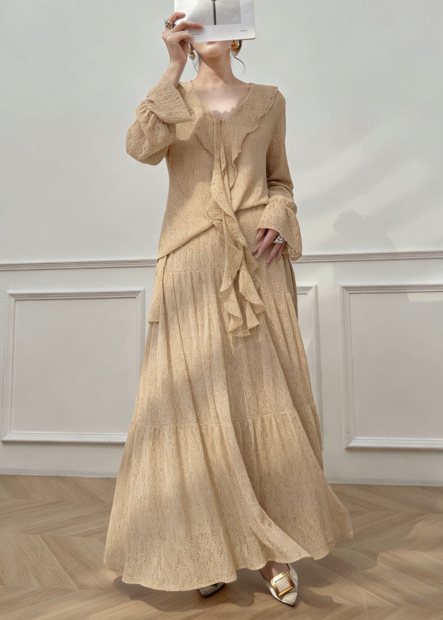 Fine Ruffled Top and Skirts Cotton Two Pieces Set Spring