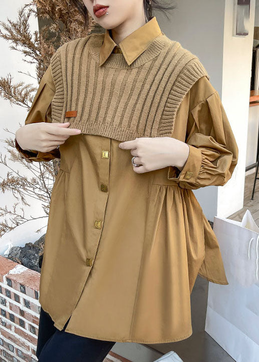 Simple Khaki Peter Pan Collar Cinched Shirt Knit Vest Two Pieces Set Spring