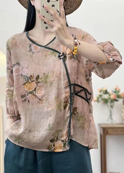 Khaki V Neck Print Button Patchwork Linen Shirts Summer