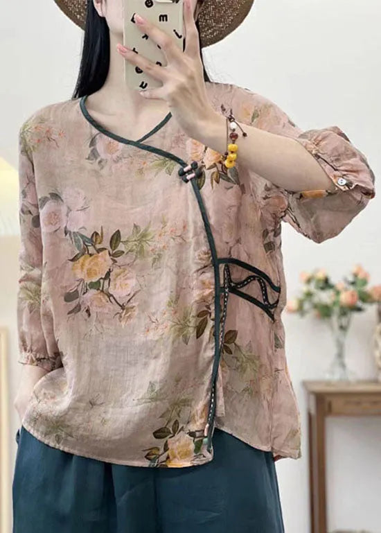 Khaki V Neck Print Button Patchwork Linen Shirts Summer