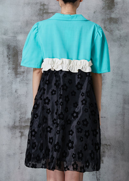 Blue Ruffled Patchwork Spandex Dress Summer