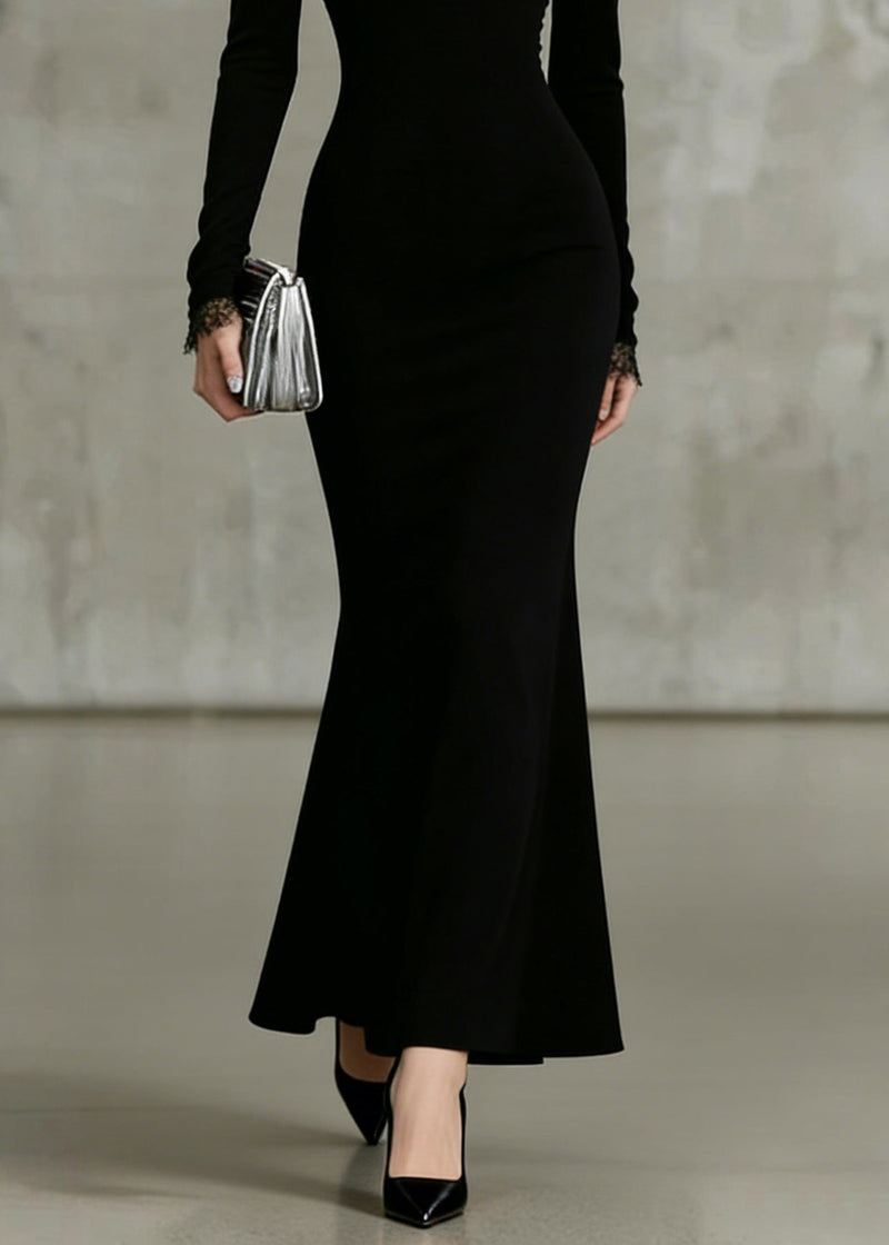 Fine Black V Neck Lace Patchwork Fish Tail Dresses Spring
