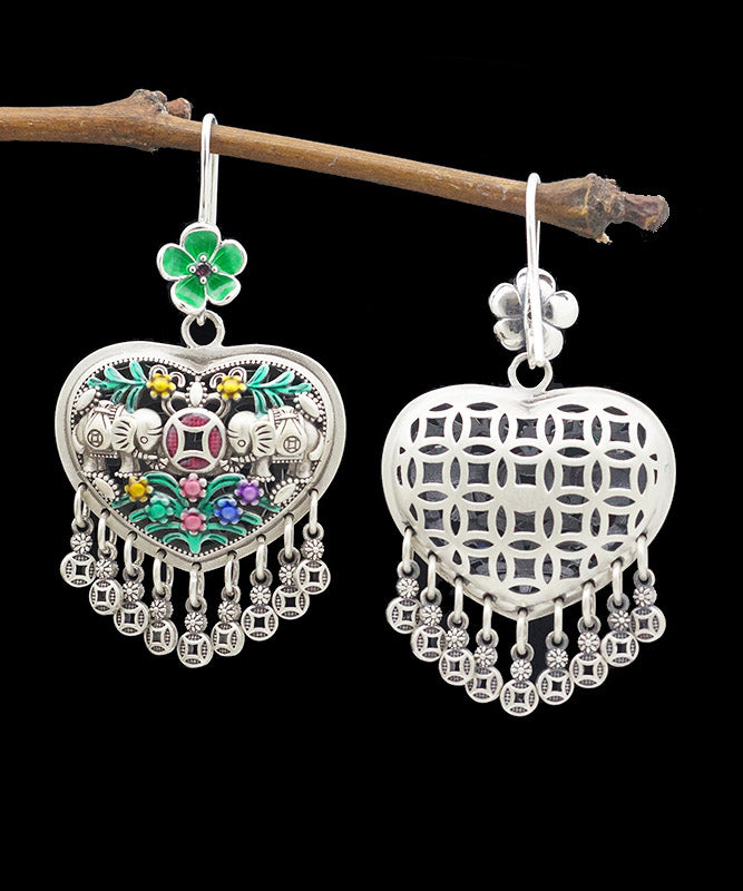Green Sterling Silver Heart Tassel Drop Earrings