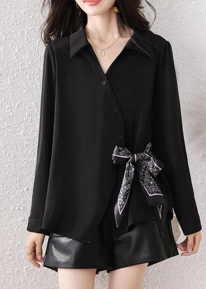 Boutique Black Scarf Tie Waist Cotton Shirts Fall