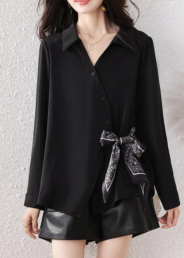 Boutique Black Scarf Tie Waist Cotton Shirts Fall