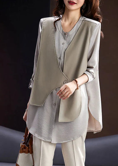 Boutique Coffee O-neck Pu Patchwork Fake Two Pieces Satin Shirt Long Sleeve