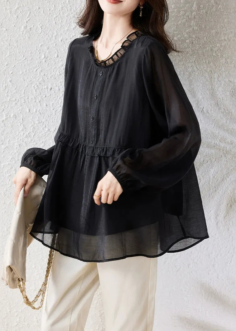 Fine Black Ruffled Button Oversized Silk Cotton Shirt Fall