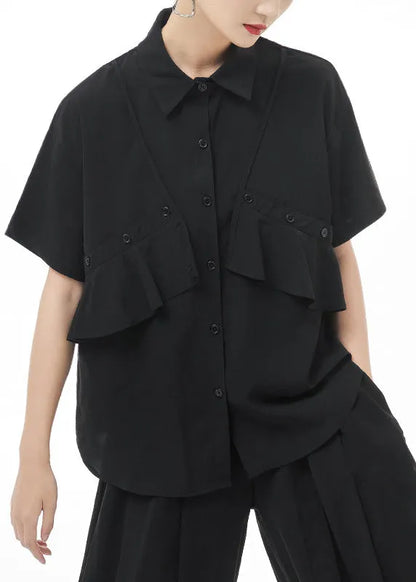 Black Peter Pan Collar Asymmetrical Design Shirt Tops Short Sleeve