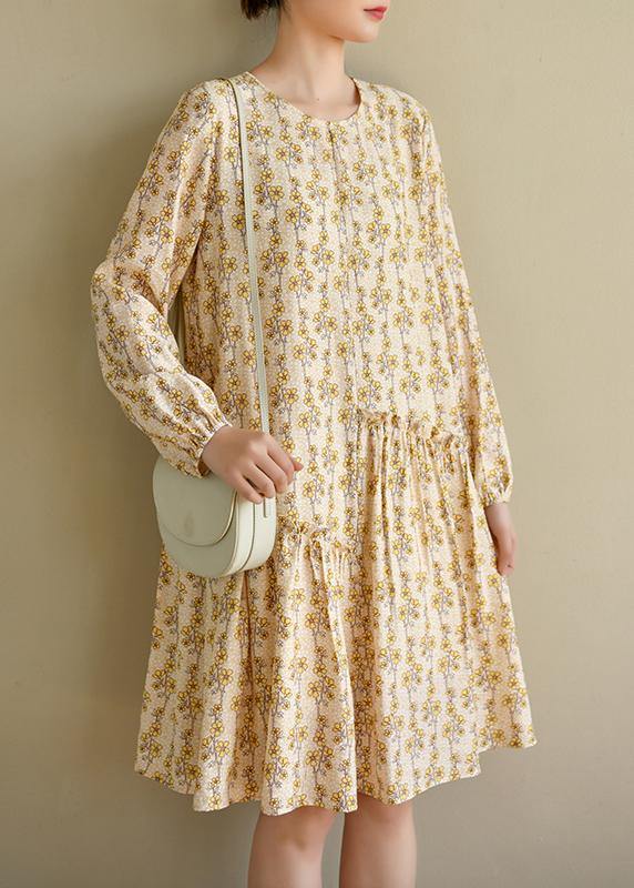 Art Beige Print Cotton Asymmetrical Design Summer Work Dress