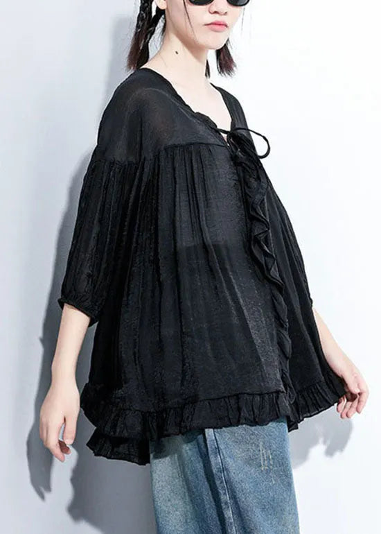 Fine Black V Neck Tie Wrinkled Top Three Quarter Sleeve
