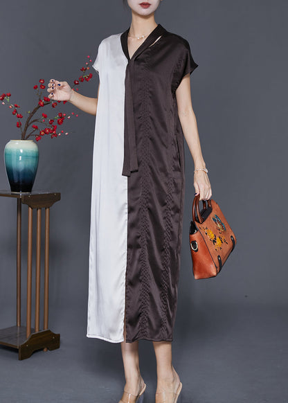 Colorblock Bow Neck Patchwork Silk Long Dresses Summer