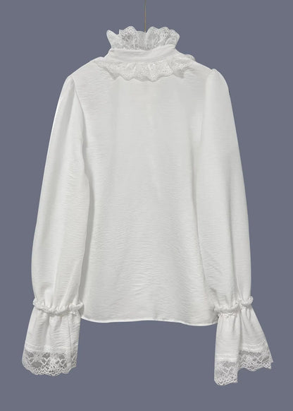 White V Neck Lace Patchwork Cotton Shirts Spring