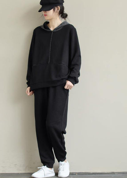 Loose Black Color Matching Hoodie and Elastic Pants Suit