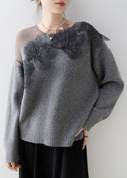Original Design Grey O-neck Knit Sweaters Spring
