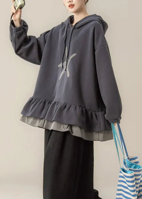 Dark Grey False Two Pieces Patchwork Hooded Cotton Sweatshirts Spring