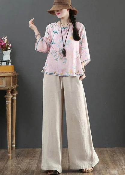 Pink Print Linen Oriental Summer Shirts