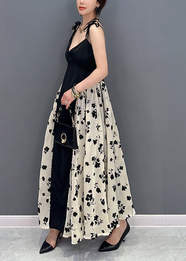 Black Bustier Top Patchwork Print Silk Spaghetti Strap Dress Summer