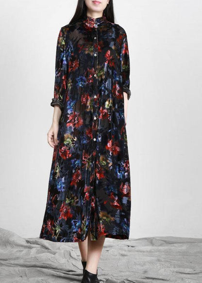 Black Print Button Pockets Vacation Dresses Fall