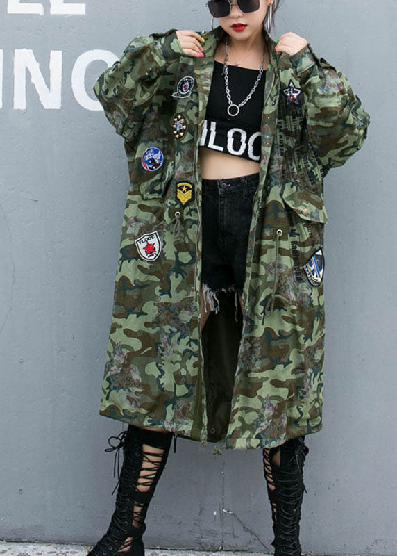 Camouflage Rivet Print Pockets Fall Denim Long Sleeve Trench Coats Coat