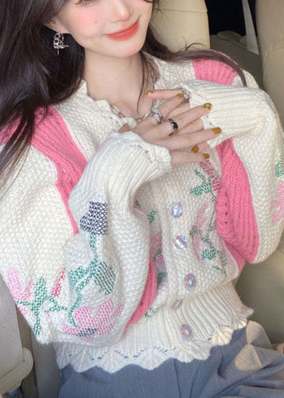 Diy Beige Embroideried Hollow Out Button Fall Sweater