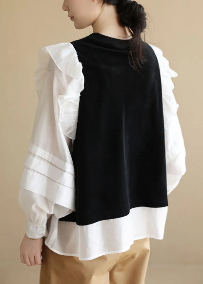Unique Black White O-neck Ruffles Patchwork Cotton Fake Two Piece Shirt Long Sleeve
