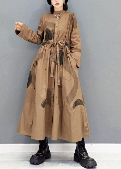 Comfy Brown Pockets Tie Waist Fall Long Sleeve Dresses