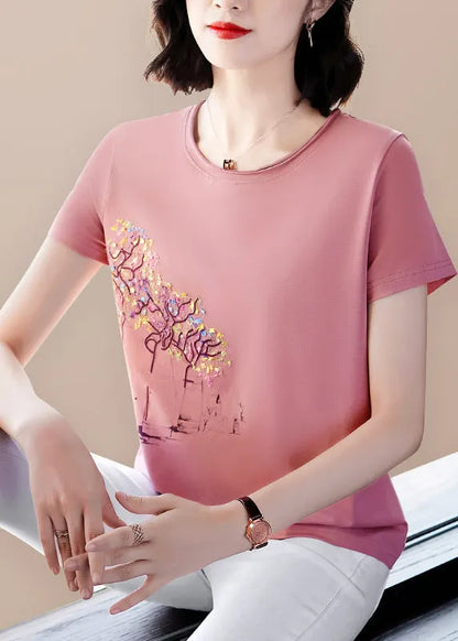 Italian Light Blue O-neck Embroideried Modal Cotton Tank Tops Short Sleeve