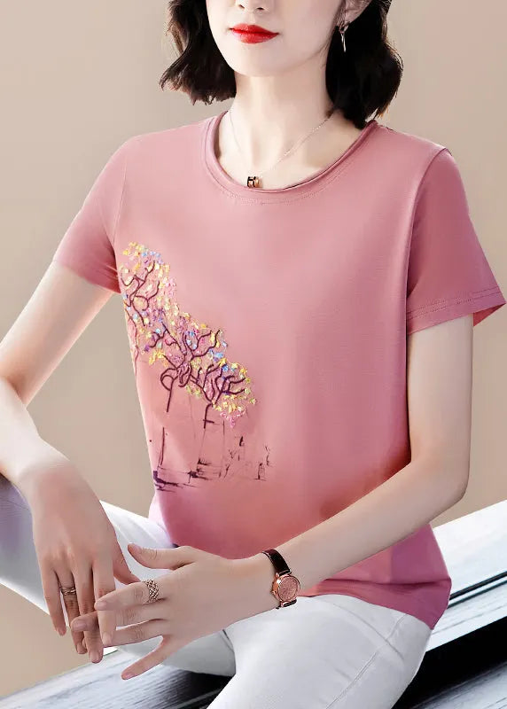 Italian Light Blue O-neck Embroideried Modal Cotton Tank Tops Short Sleeve