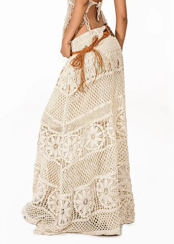 Simple Beige High Waist Hollow Out Knit Maxi Skirts